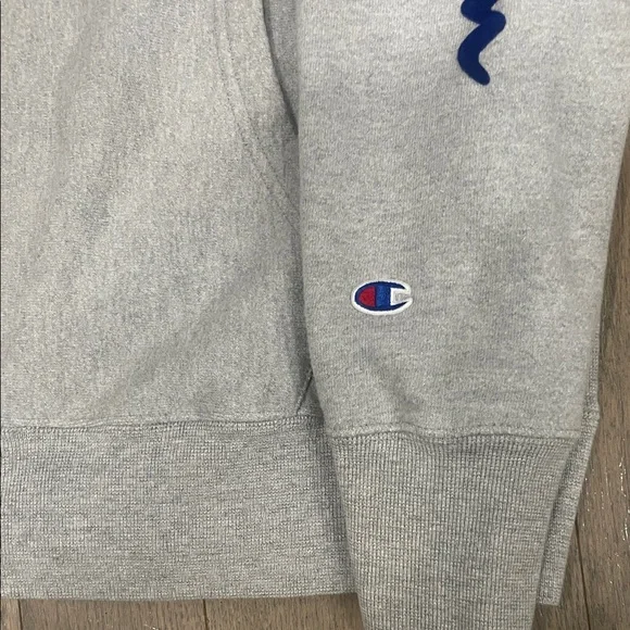 Champion Light Gray Hoodie 😍 Reverse Weave Flock Arm Script  Sweatshirt • Large - Picture 10 of 15